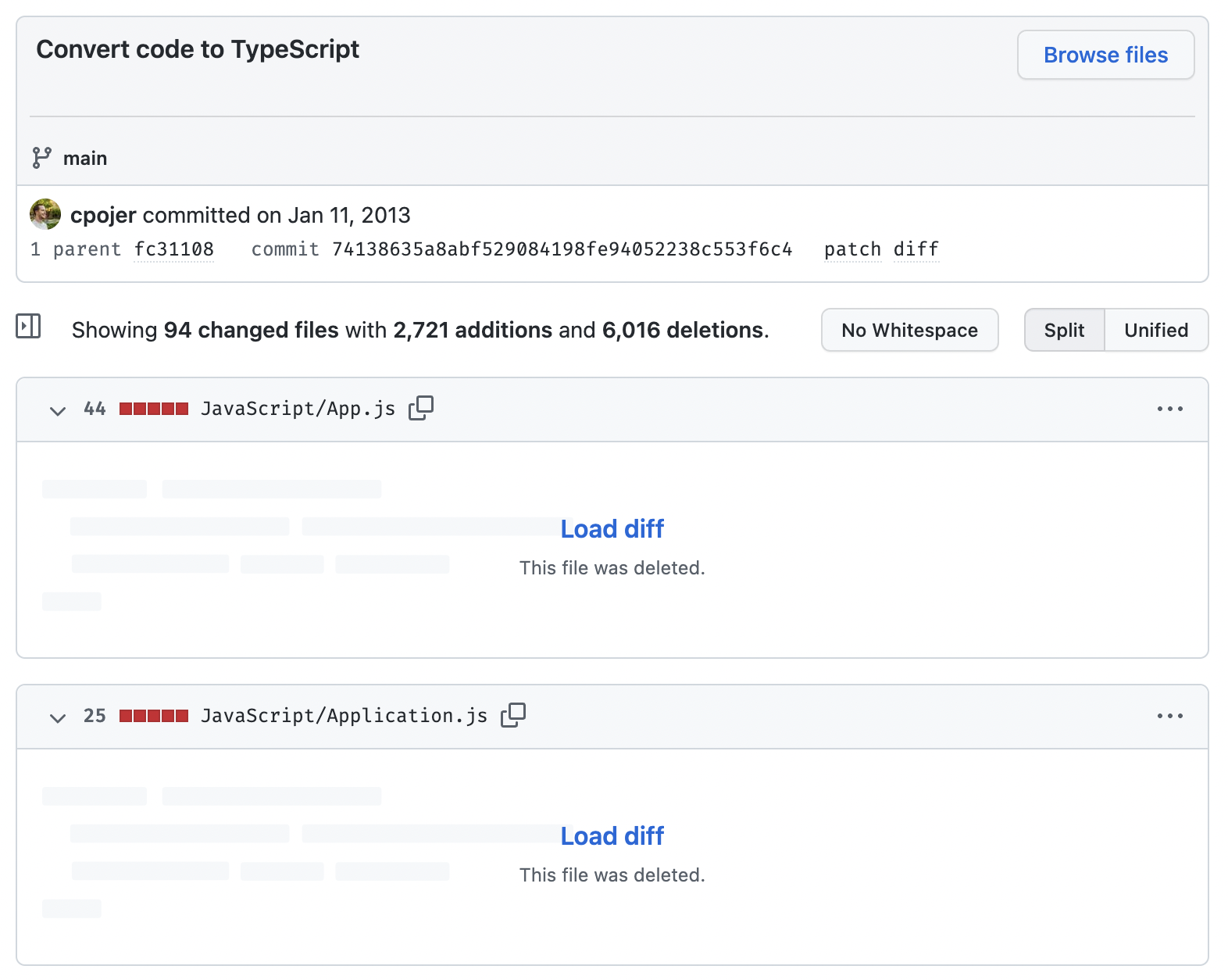 Screenshot of a GitHub commit introducing TypeScript to a codebase in 2013
