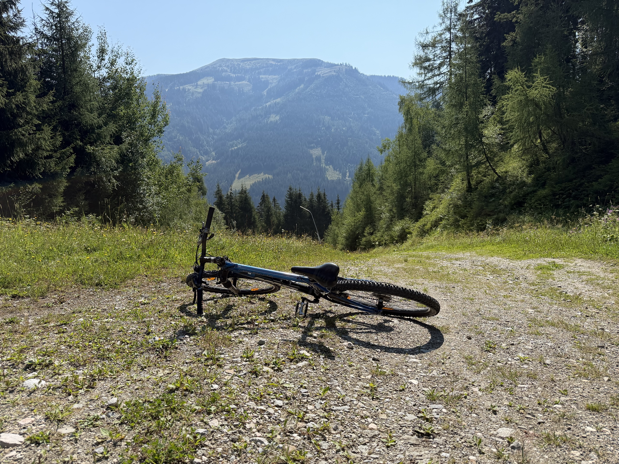 A mountain bike lies on a gravel trail with a forested mountain in the distance.