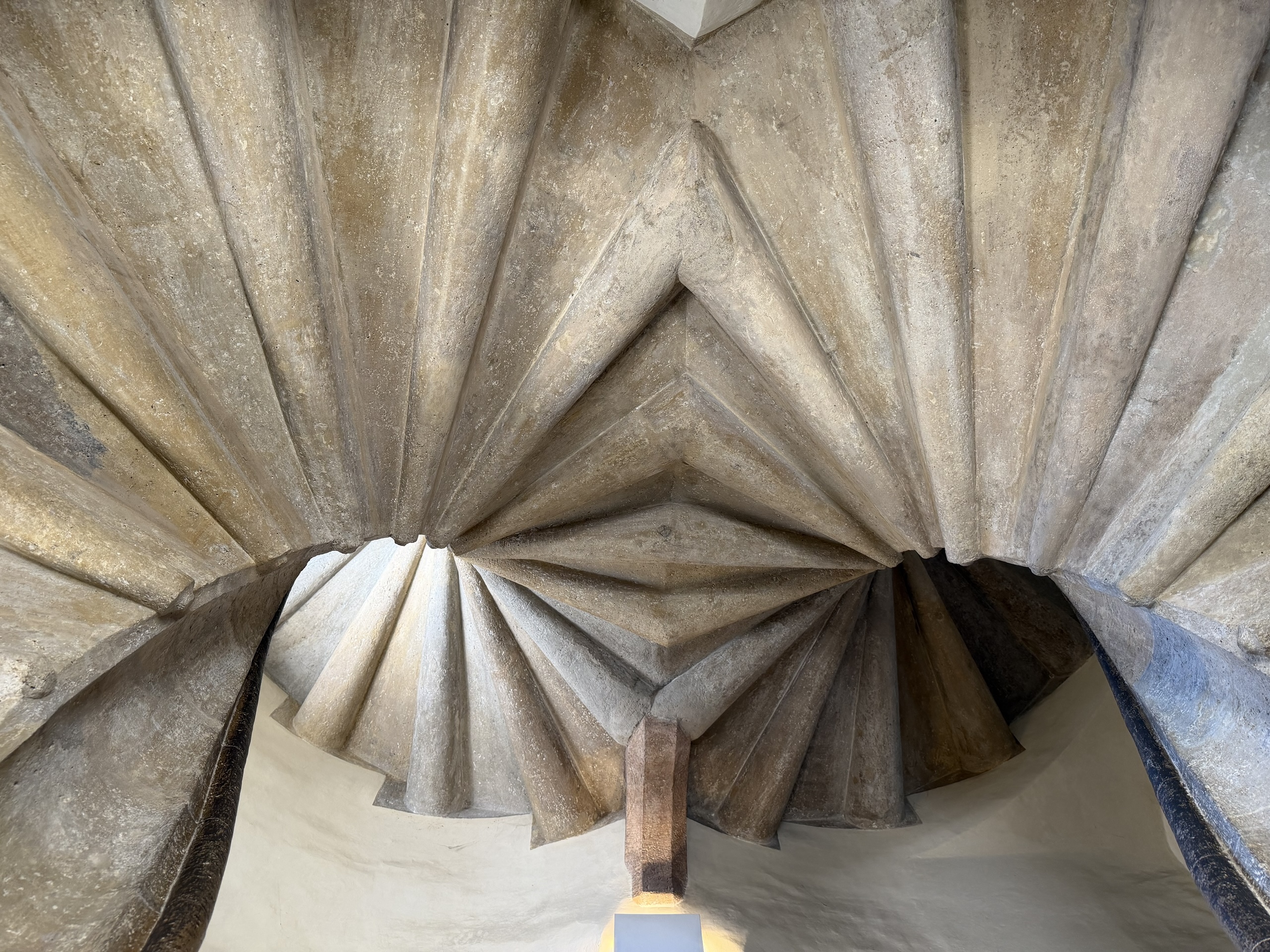 A vaulted stone ceiling with radiating ribs viewed from below.